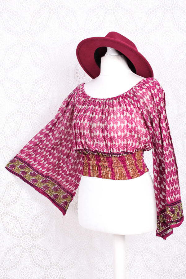 Scorpio Top - Vintage Indian Sari - Sheer Magenta & White Paisley - Free Size