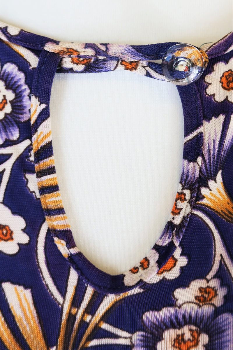 Vintage 70s Dress - Indigo Blue with Autumnal Floral - Size XS