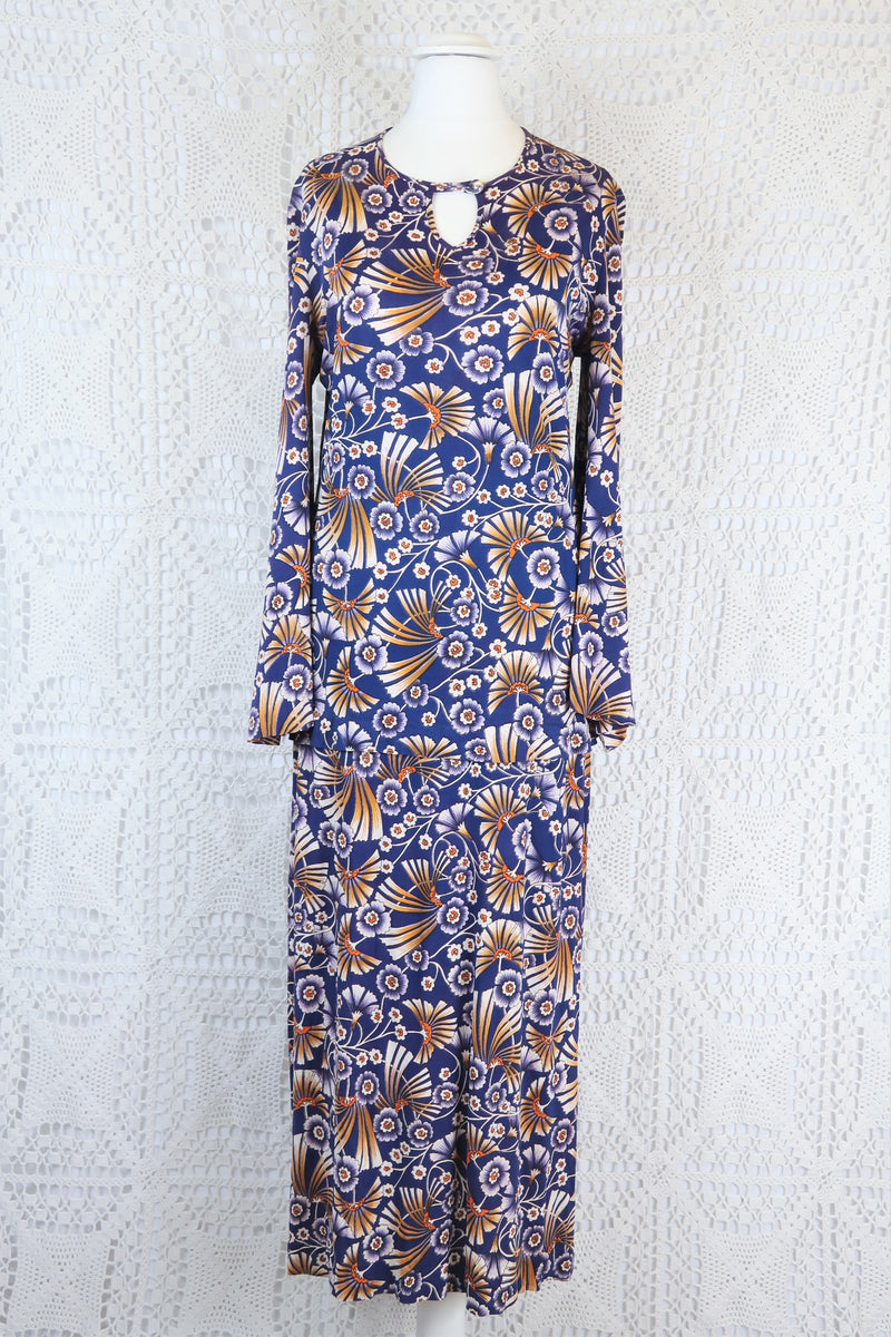 Vintage 70s Dress - Indigo Blue with Autumnal Floral - Size XS