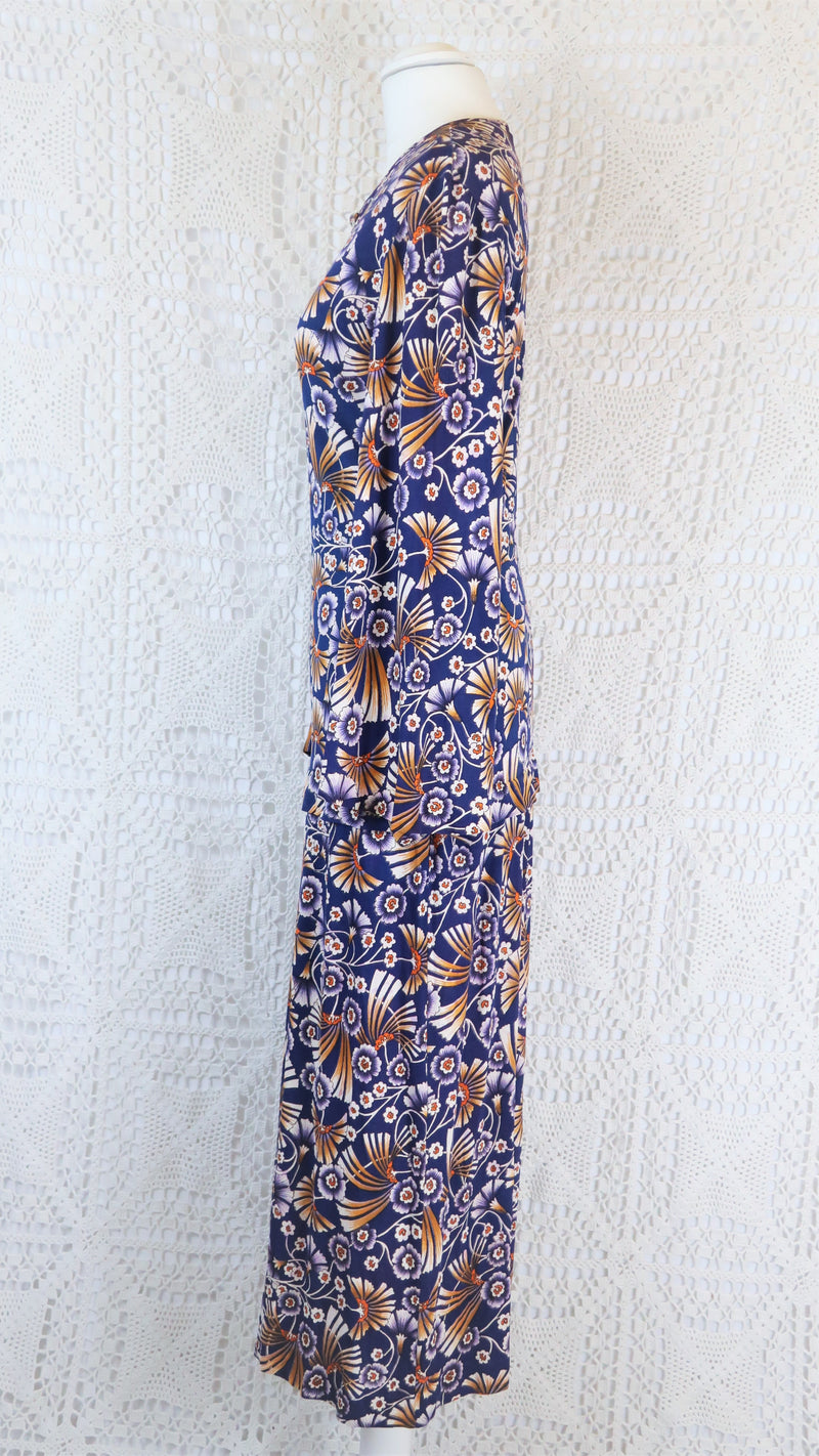 Vintage 70s Dress - Indigo Blue with Autumnal Floral - Size XS