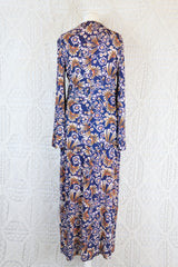 Vintage 70s Dress - Indigo Blue with Autumnal Floral - Size XS