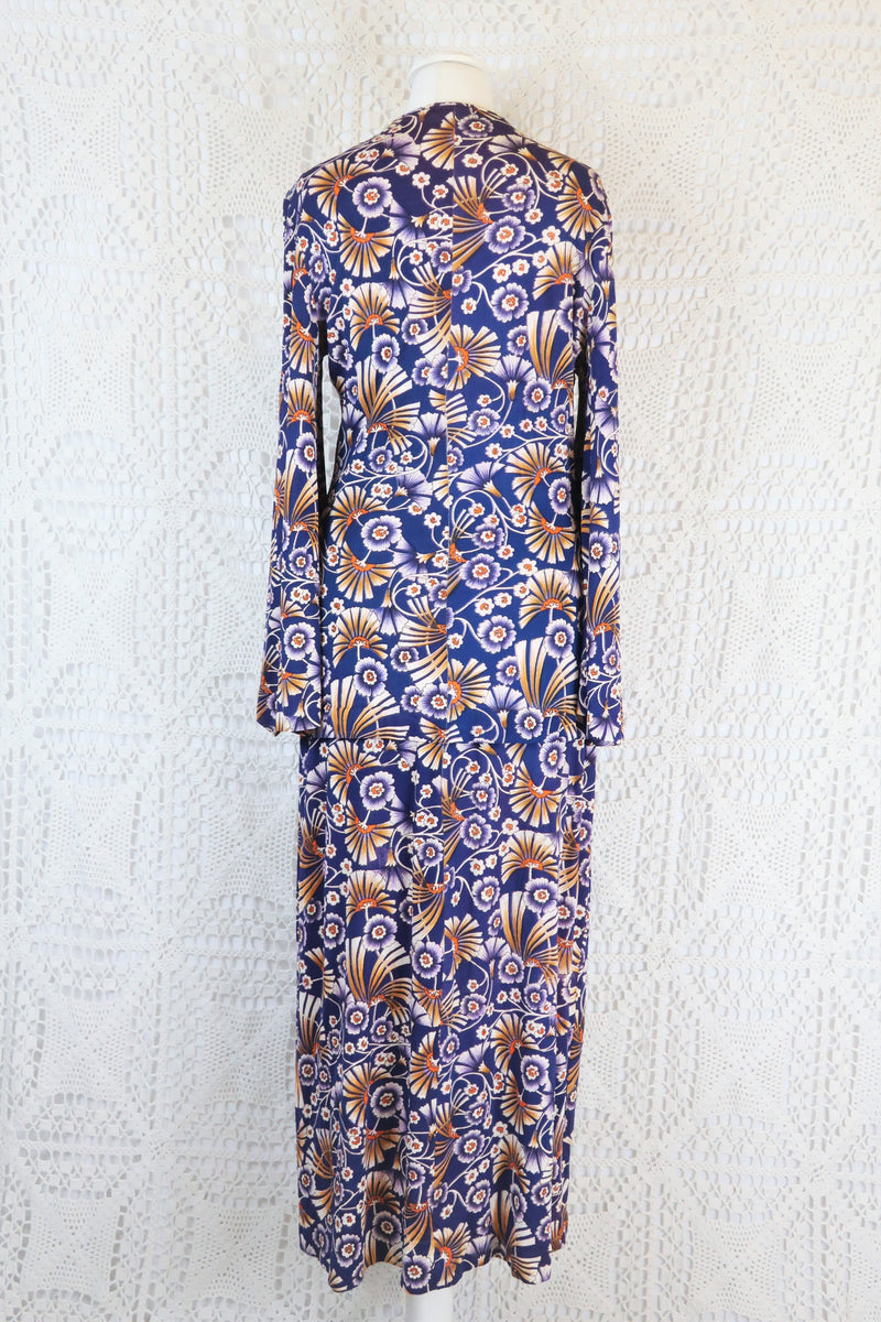 Vintage 70s Dress - Indigo Blue with Autumnal Floral - Size XS