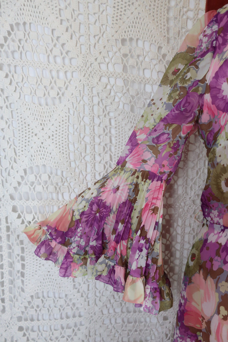 Vintage 70’s Dress - Powder Lilac Bell Sleeve Maxi - Size S/M