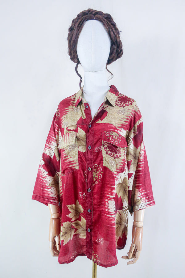 Clyde Shirt - Vintage Indian Sari - Ruby Maple Leaves - Free Size XL