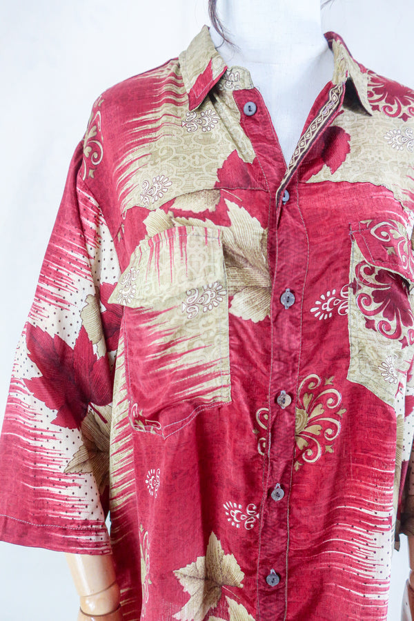 Clyde Shirt - Vintage Indian Sari - Ruby Maple Leaves - Free Size XL