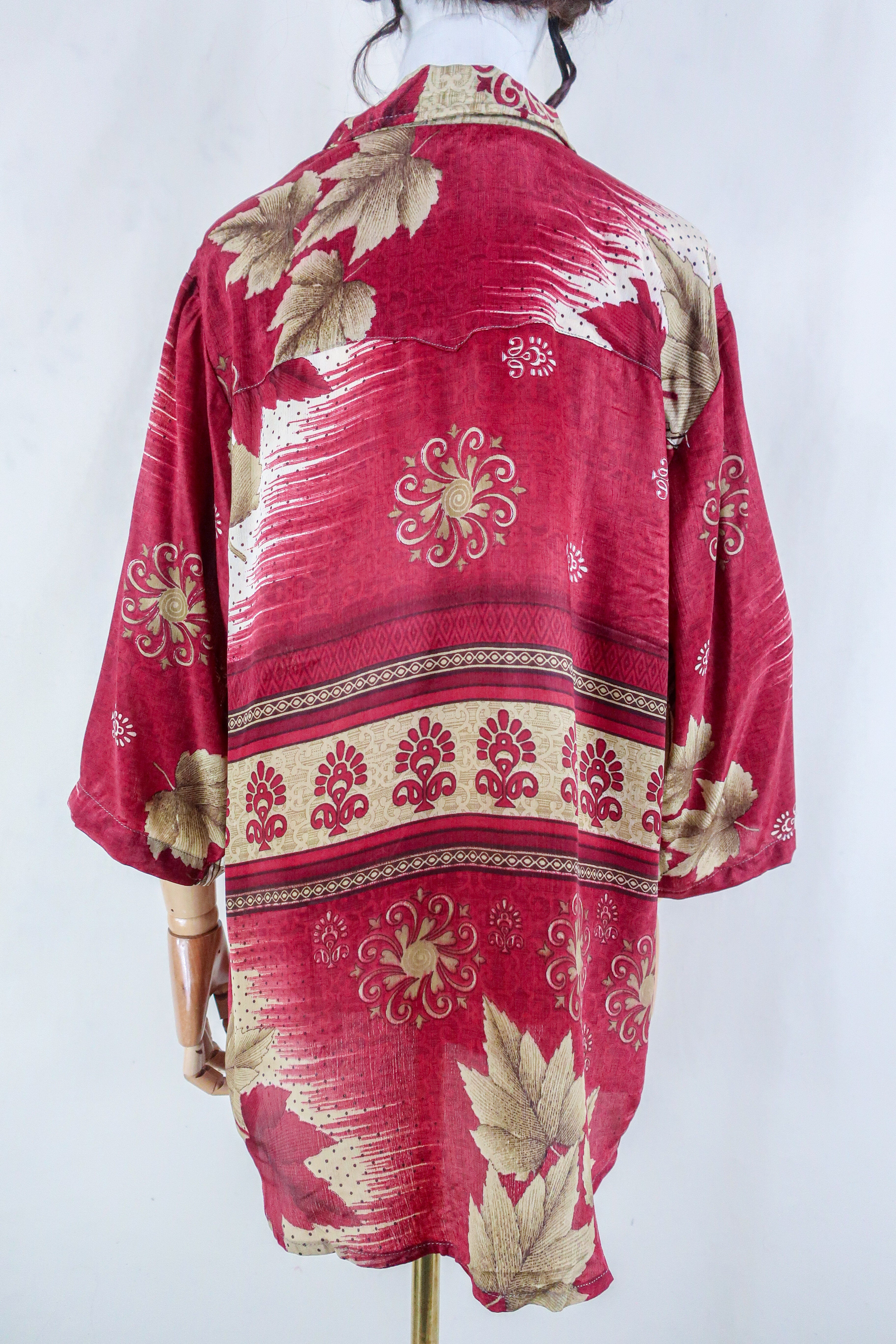 Clyde Shirt - Vintage Indian Sari - Ruby Maple Leaves - Free Size XL