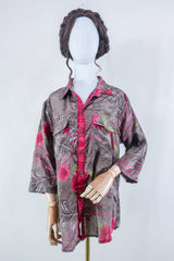 Clyde Shirt - Taupe & Deep Coral Floral - Vintage Indian Sari - Free Size XL