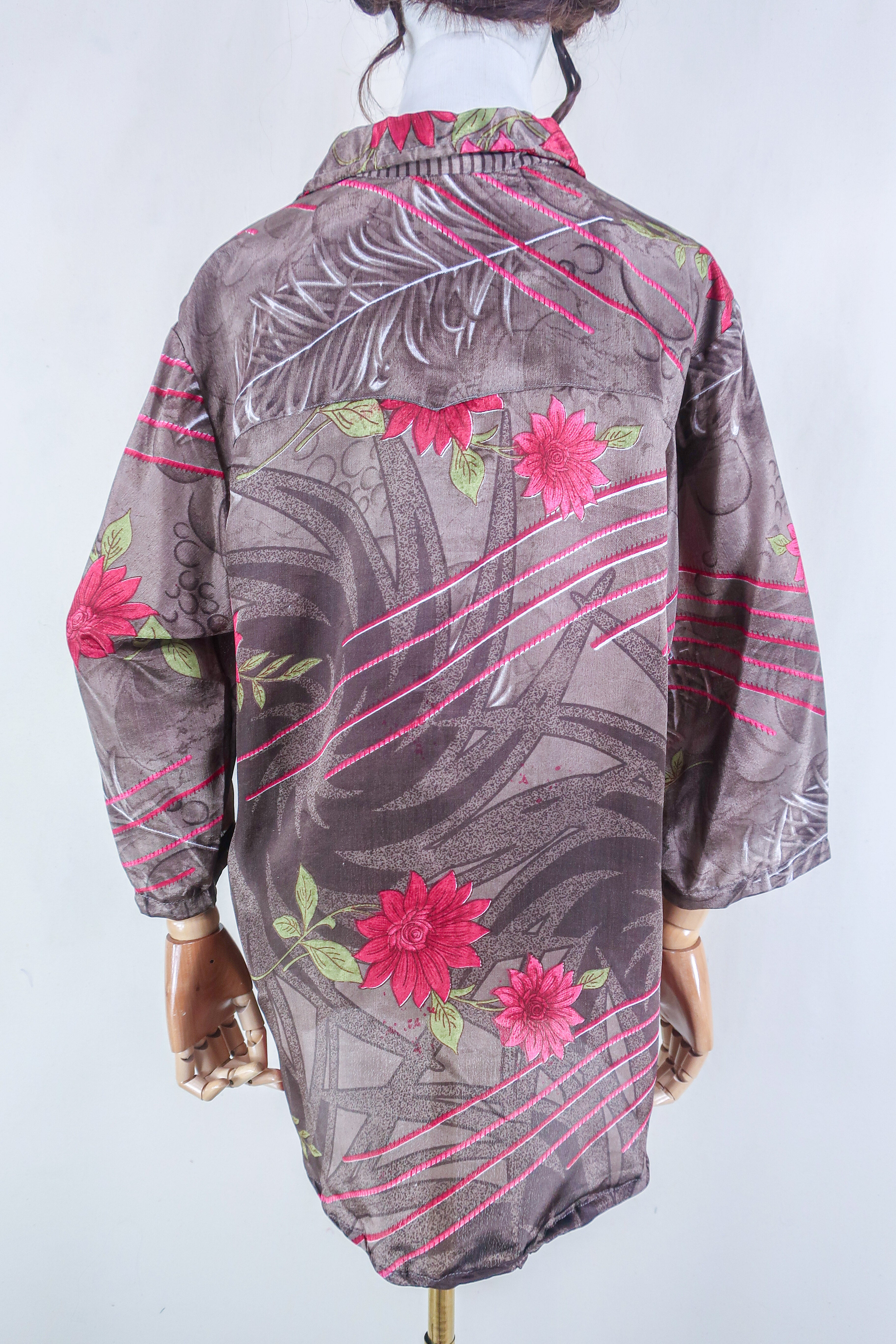 Clyde Shirt - Taupe & Deep Coral Floral - Vintage Indian Sari - Free Size XL