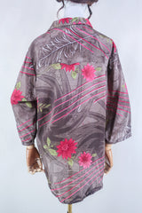 Clyde Shirt - Taupe & Deep Coral Floral - Vintage Indian Sari - Free Size XL