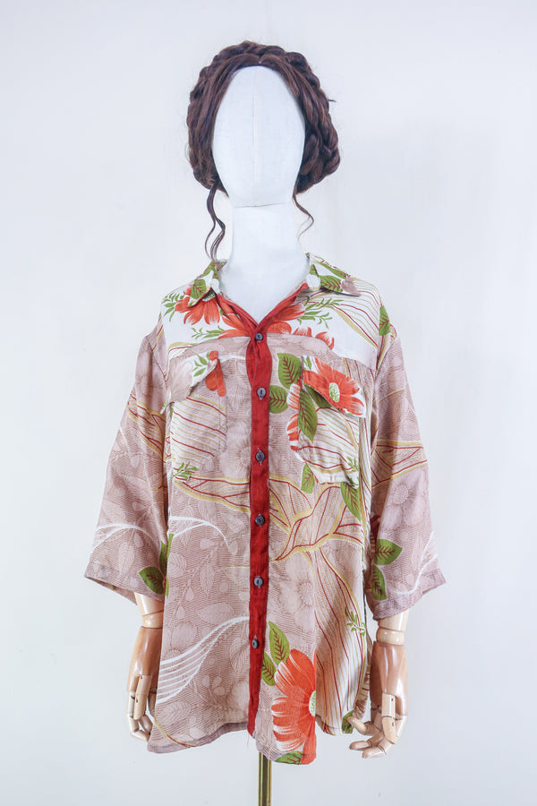 Clyde Shirt - Rose Gold & Rust Floral - Vintage Indian Sari - Free Size XL