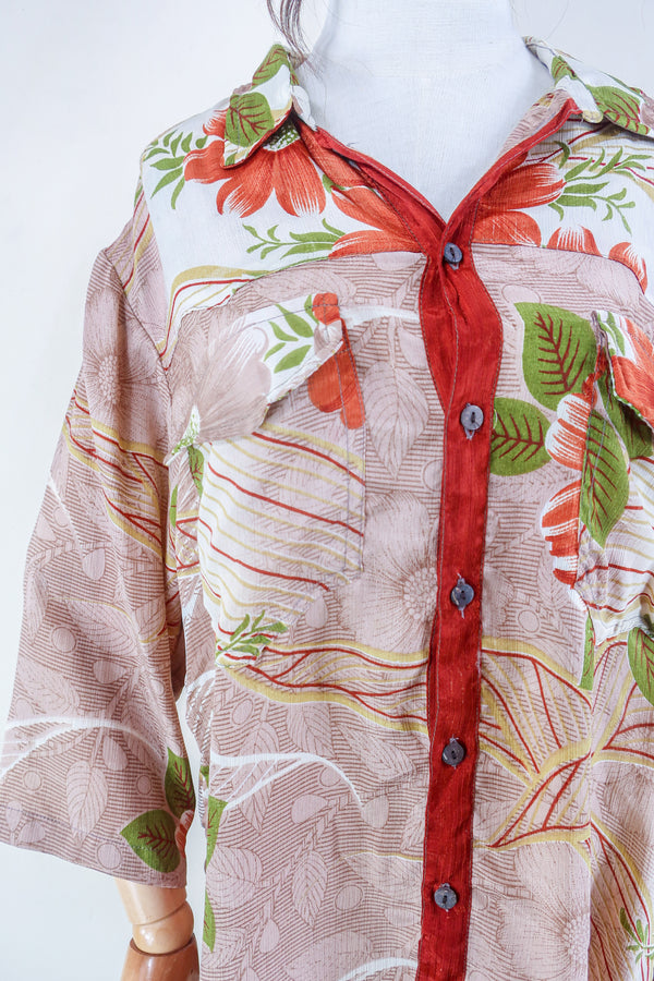 Clyde Shirt - Rose Gold & Rust Floral - Vintage Indian Sari - Free Size XL