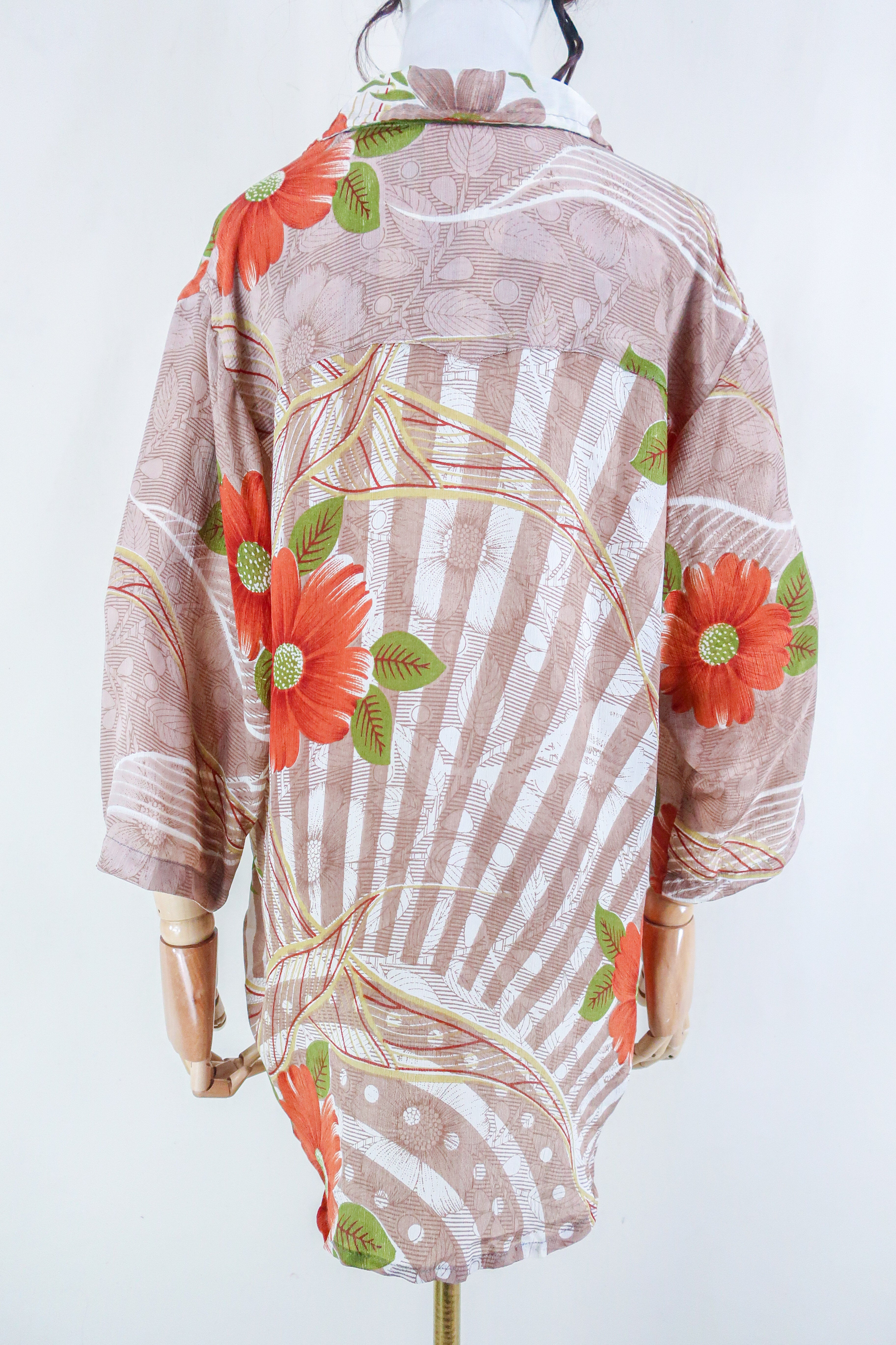 Clyde Shirt - Rose Gold & Rust Floral - Vintage Indian Sari - Free Size XL