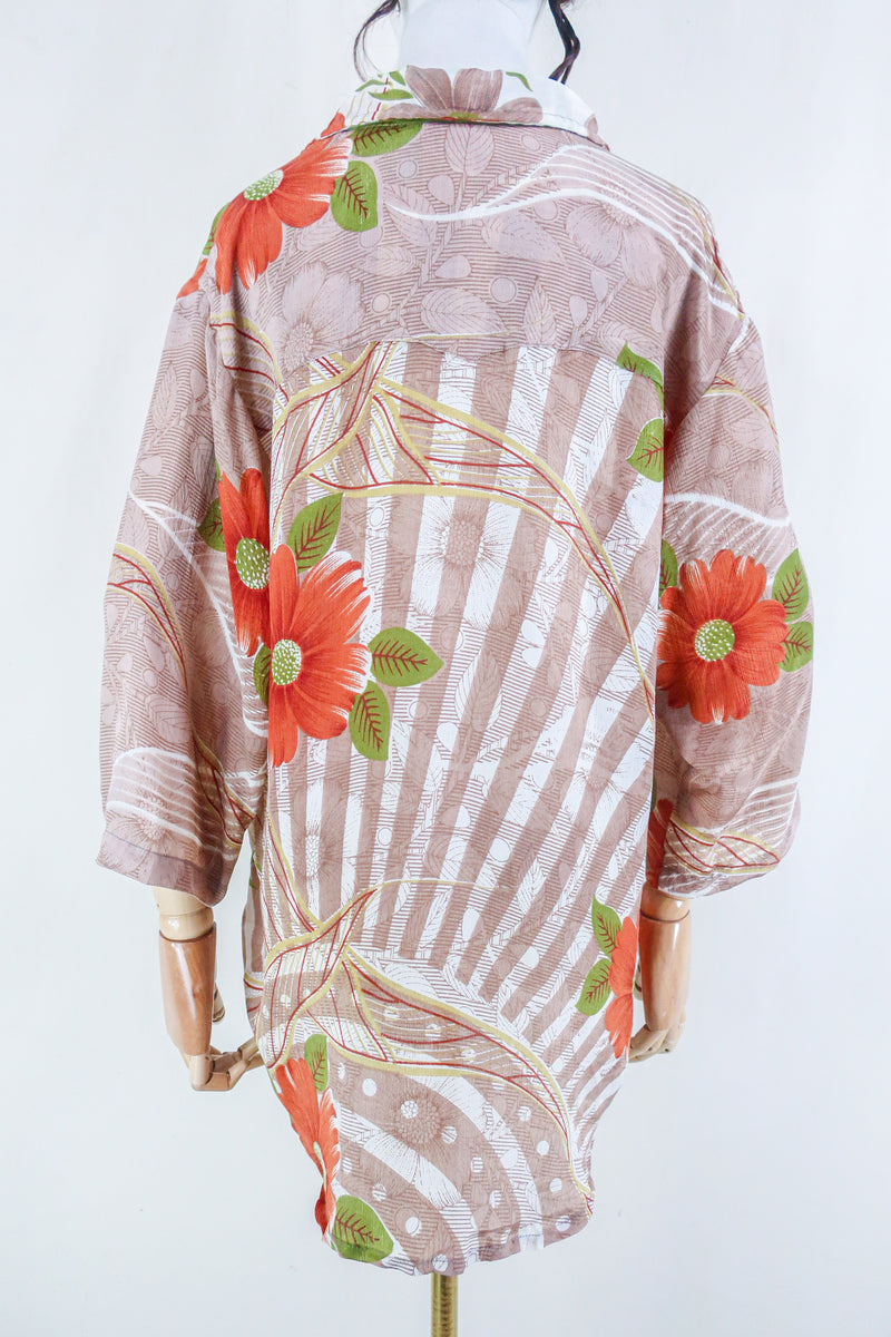 Clyde Shirt - Rose Gold & Rust Floral - Vintage Indian Sari - Free Size XL