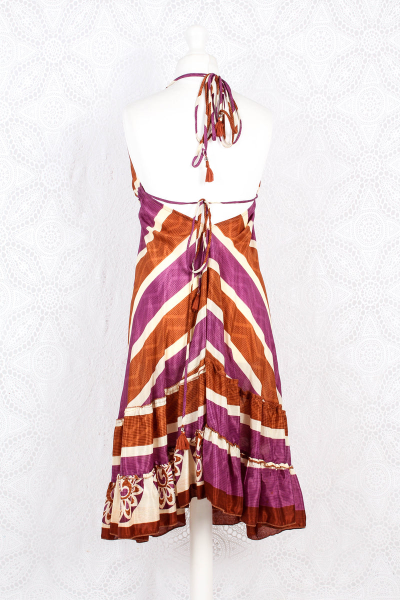 Blossom Mini Halter Dress - Vintage Indian Sari - Sheer Chestnut & Purple Stripe - M/L