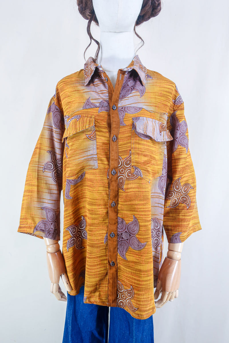 Clyde Shirt - Tuscan Sun & Mauve Floral - Vintage Indian Sari - Free Size XL