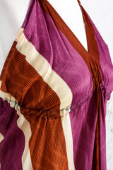 Blossom Mini Halter Dress - Vintage Indian Sari - Sheer Chestnut & Purple Stripe - M/L
