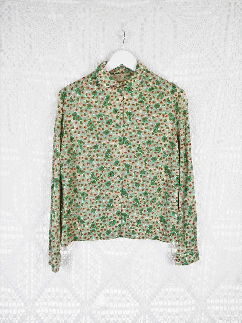 70's Vintage - Forest Green & Brown Floral Shirt - Size L