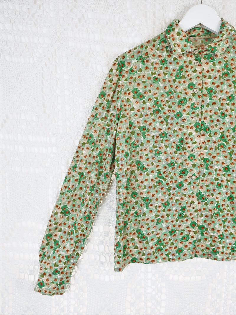 70's Vintage - Forest Green & Brown Floral Shirt - Size L