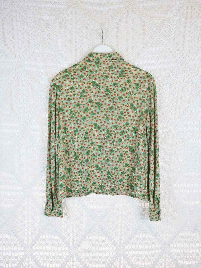 70's Vintage - Forest Green & Brown Floral Shirt - Size L