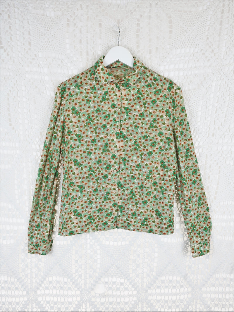 70's Vintage - Forest Green & Brown Floral Shirt - Size L