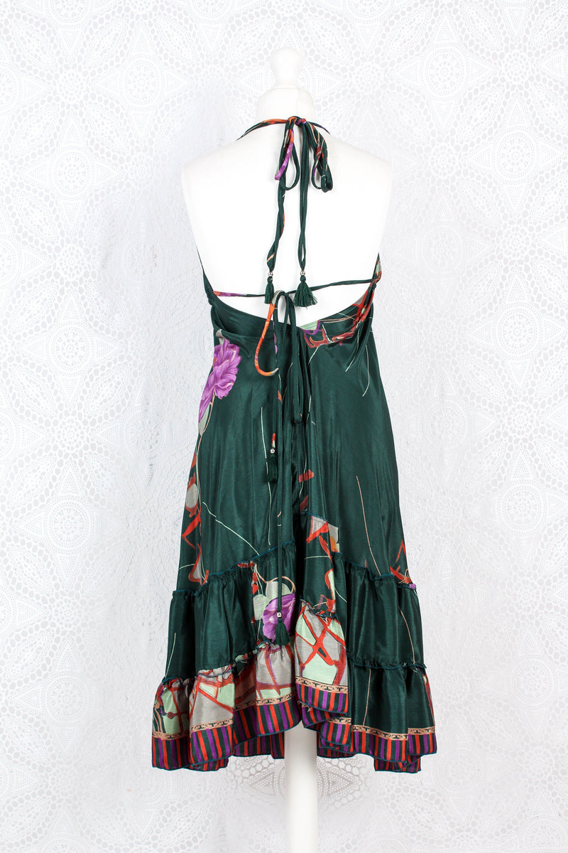 Blossom Mini Halter Dress - Vintage Indian Sari - Dark Green Floral - M/L