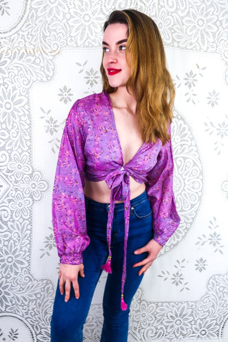 Lola Wrap Top - Embroidered Pale Plum Floral - Indian Pure Silk - Free Size S/M By All About Audrey