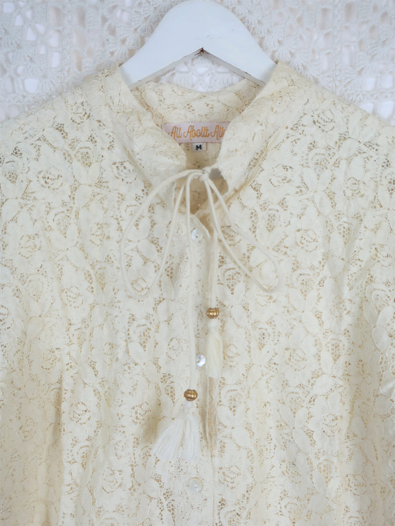 Vintage Boho Top - Cream Floral Lace Blouse