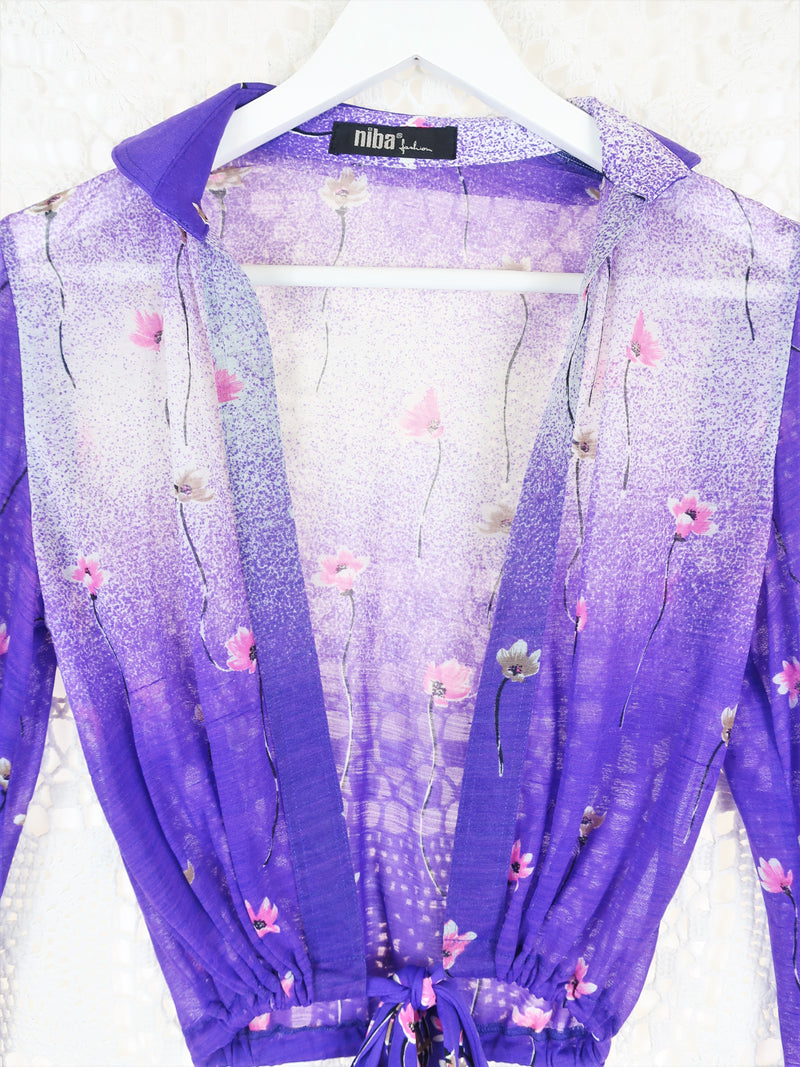 70's Vintage - Deep V Tie Top - Bright Purple & White Floral - Size S/M