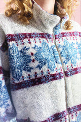 Vintage Zip-Up Fleece - Snowy White, Aegean Blue & Maroon Graphic - Free Size