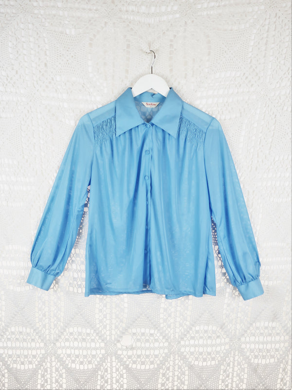 70's Vintage - Ruched Baby Blue Shirt - Size L/XL