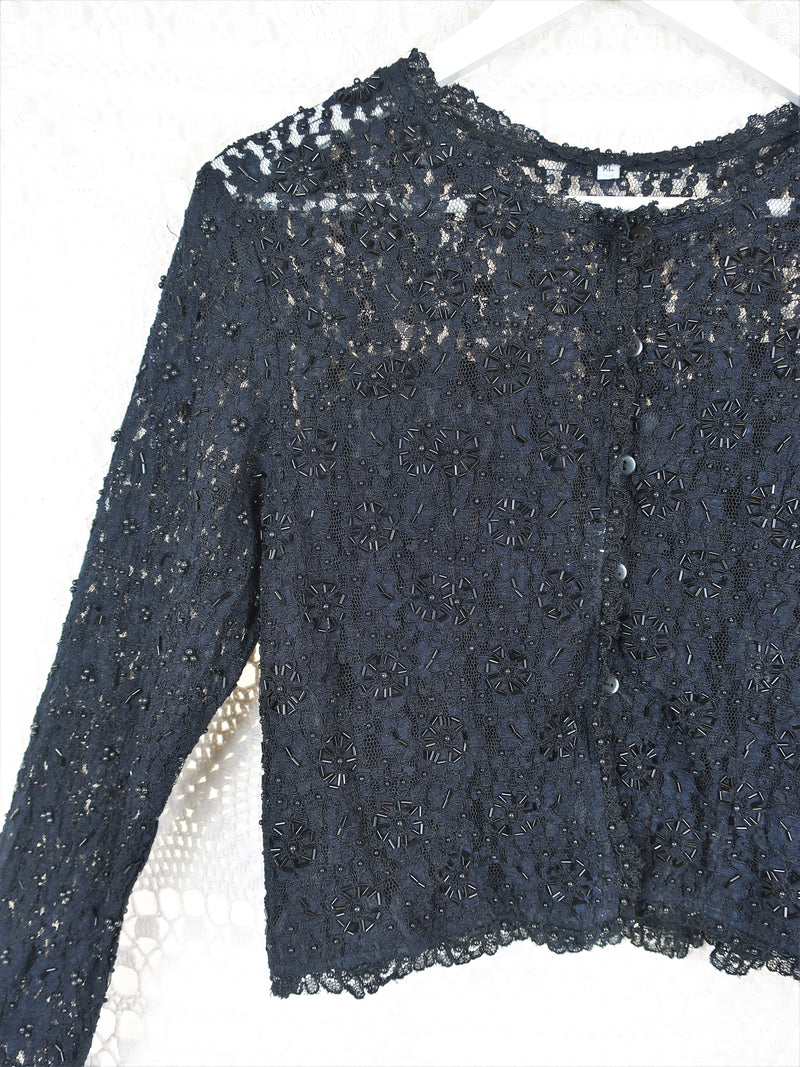 70's Vintage - Lace & Embellished Bolero - Black - Size S/M