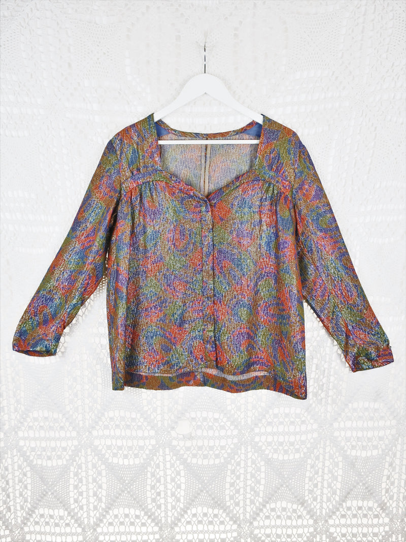 80's Vintage -  Multi-Coloured Shimmery Jacquard Printed Blouse - Size L