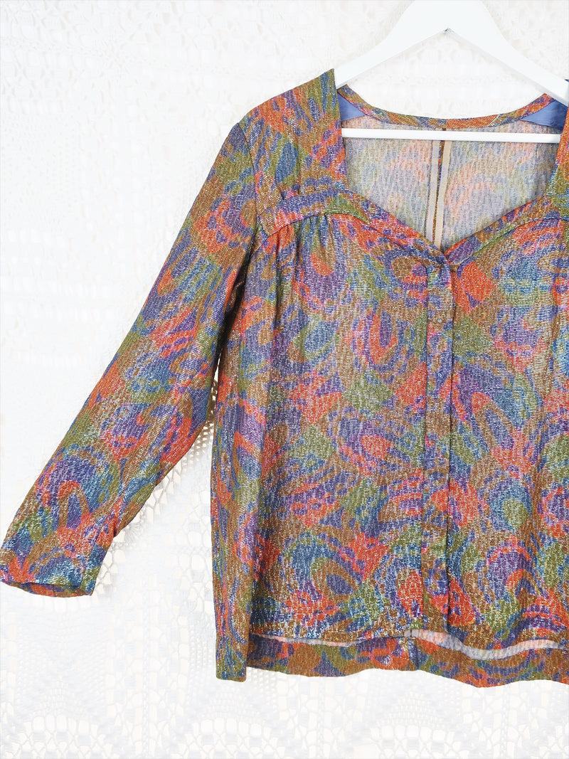 80's Vintage -  Multi-Coloured Shimmery Jacquard Printed Blouse - Size L