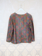 80's Vintage -  Multi-Coloured Shimmery Jacquard Printed Blouse - Size L