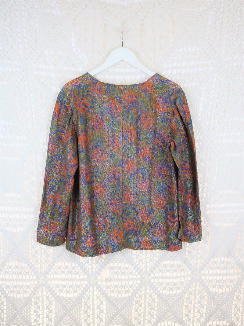80's Vintage -  Multi-Coloured Shimmery Jacquard Printed Blouse - Size L