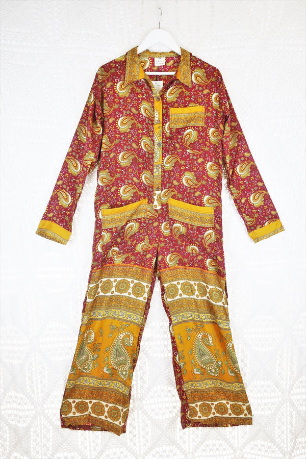 Betty Boilersuit - Indian Sari - Red & Mustard Bold Paisley - Size S/M