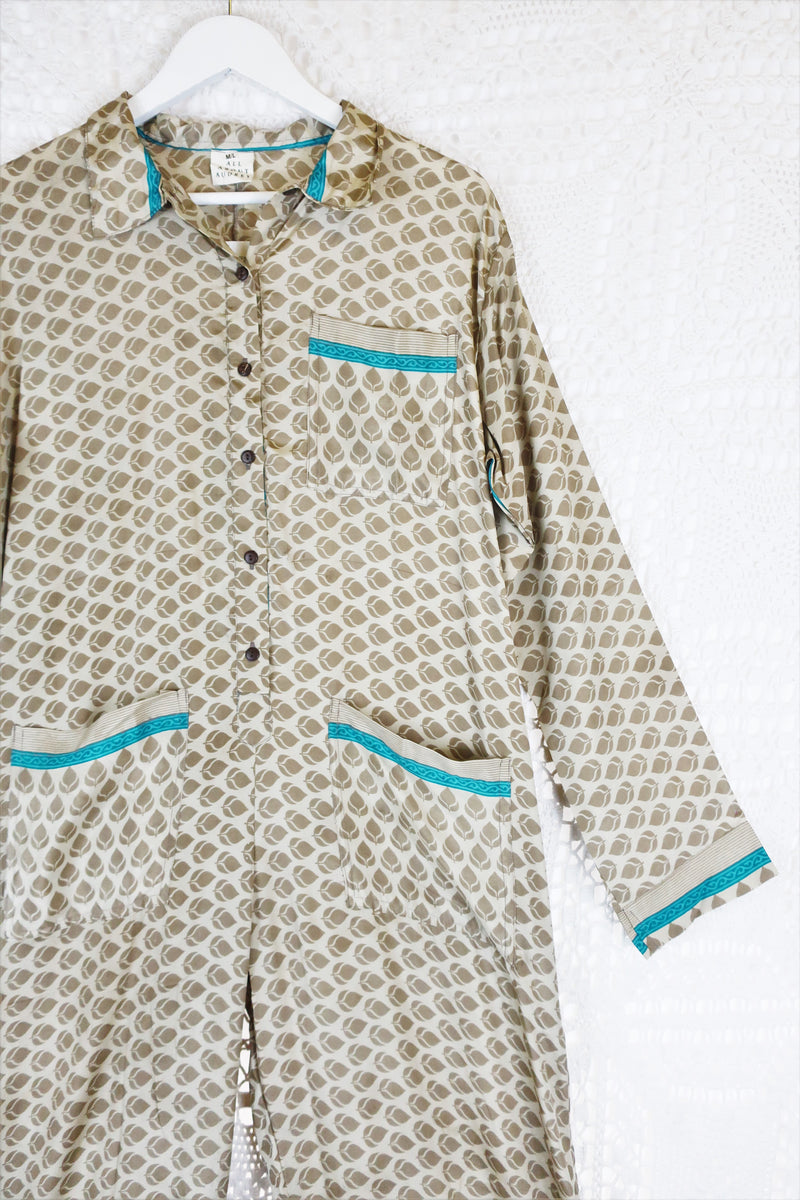 Betty Boilersuit - Indian Sari - Beige & Turquoise 60's Leaf - Size M/L