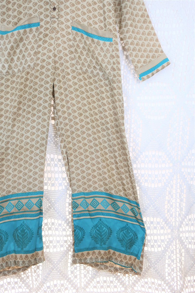 Betty Boilersuit - Indian Sari - Beige & Turquoise 60's Leaf - Size M/L