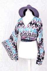 Gemini Wrap Top - Vintage Cotton Sari - Jet Black, Blue & Magenta Aztec - S/M