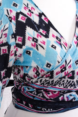 Gemini Wrap Top - Vintage Cotton Sari - Jet Black, Blue & Magenta Aztec - S/M