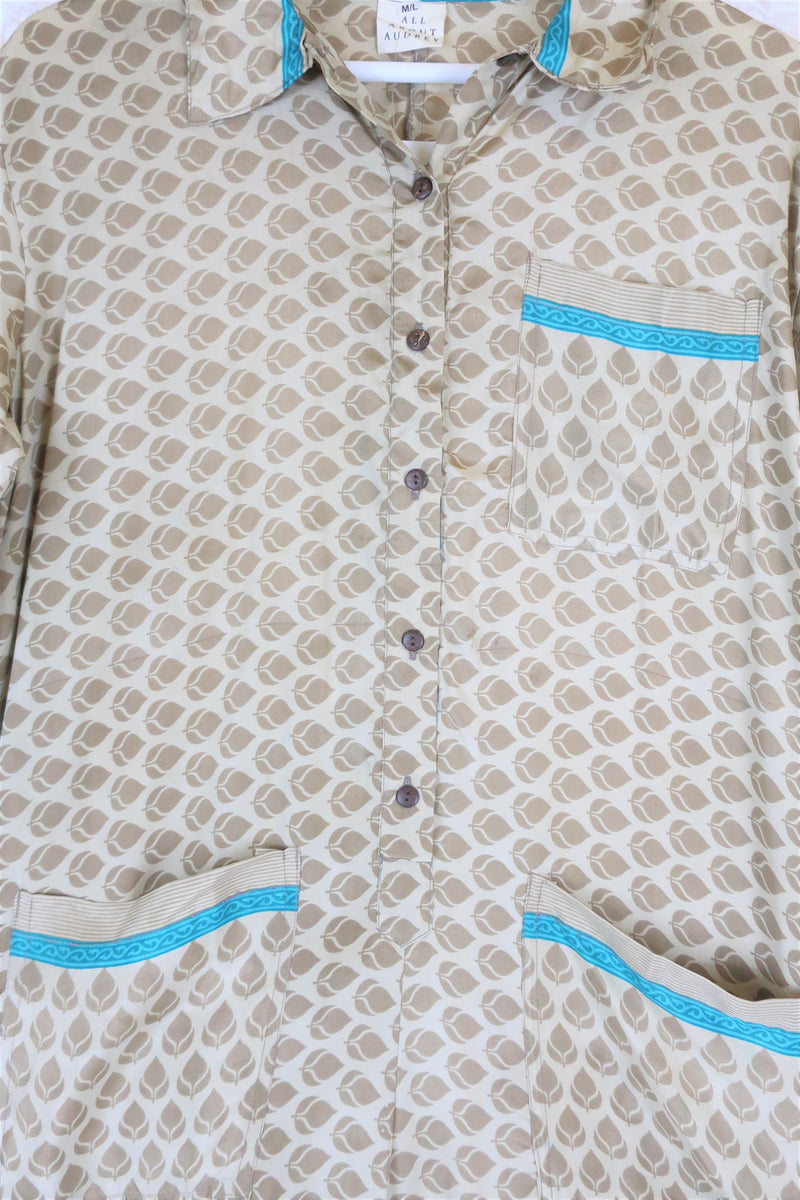 Betty Boilersuit - Indian Sari - Beige & Turquoise 60's Leaf - Size M/L