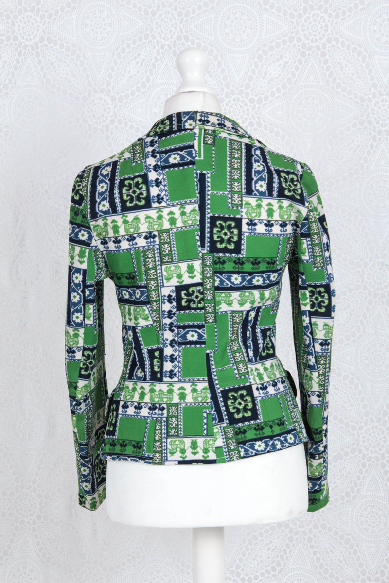 Vintage Cropped Jacket - Green Patchwork Folk Art Print - Size S