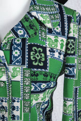 Vintage Cropped Jacket - Green Patchwork Folk Art Print - Size S