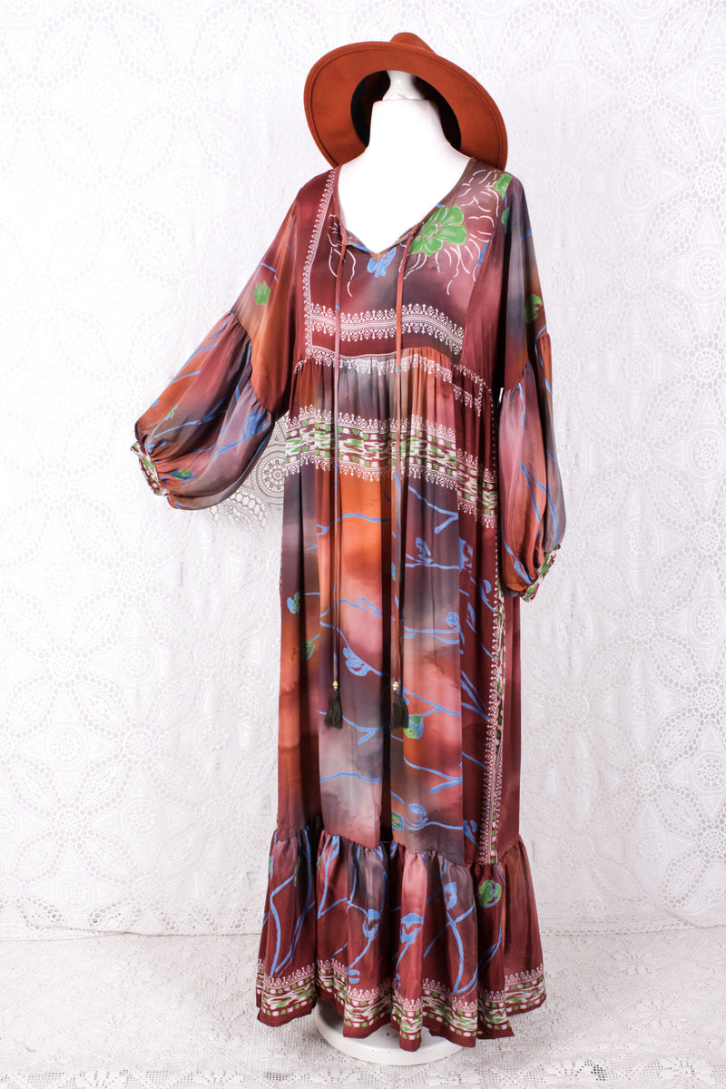 Poppy Smock Dress - Vintage Sari - Rosewood Watercolour Floral - M/L