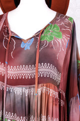 Poppy Smock Dress - Vintage Sari - Rosewood Watercolour Floral - M/L
