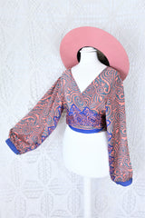 Lola Bohemian Wrap Top - Vintage Indian Sari - Peach, Azure & Slate Flora Nouveau - M/L