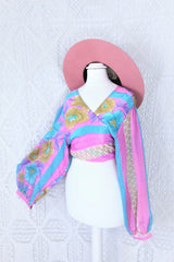 Lola Bohemian Wrap Top - Vintage Indian Sari - Sand, Baby Pink & Turquoise Floral - XL/XXL