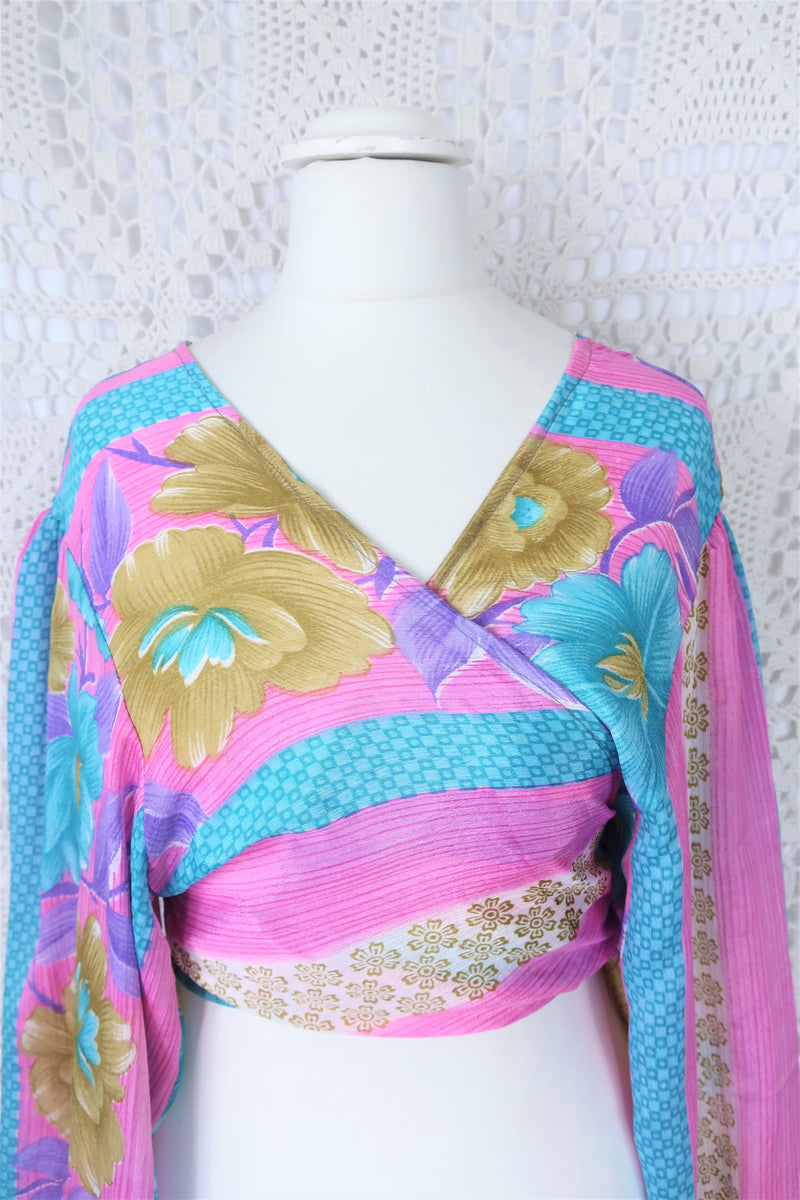 Lola Bohemian Wrap Top - Vintage Indian Sari - Sand, Baby Pink & Turquoise Floral - XL/XXL
