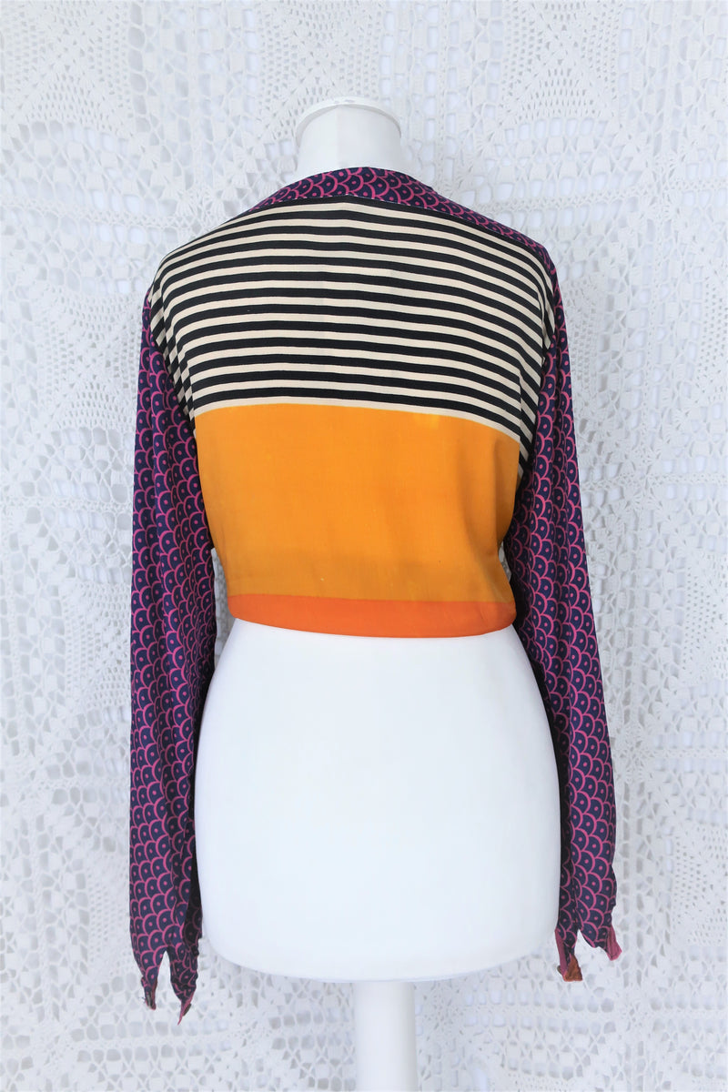 Lola Bohemian Wrap Top - Vintage Indian Sari - Deep Blue, Fuchsia & Ivory Motif - M/L