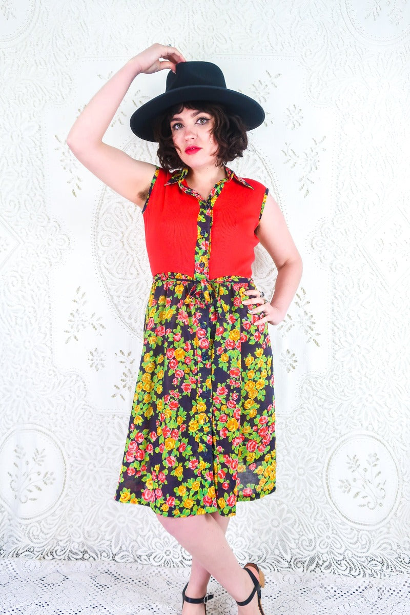 Vintage Button Up Dress - Red & Navy Floral - Size M by all about audrey